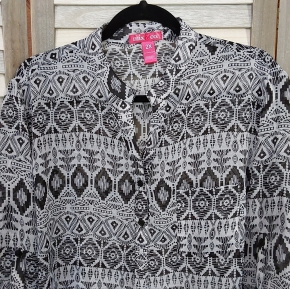 Aztec Tribal Print Sheer Blouse | Mix & Co. | 2X - Picture 4 of 6